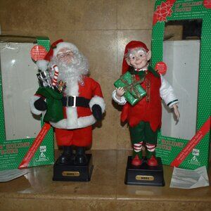 90's 2-Vintage Holiday Creations Santa Claus & Elf Figure Plays Christmas Music
